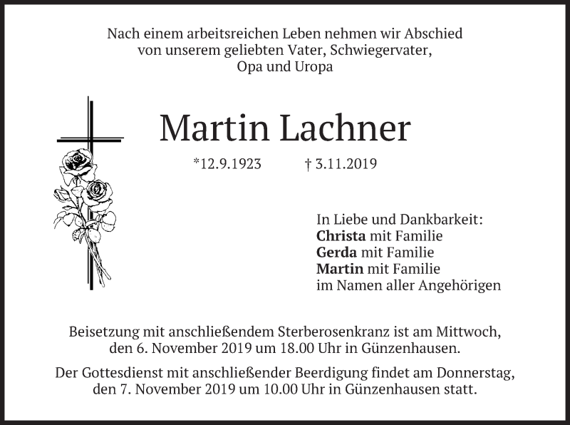  Traueranzeige für Martin Lachner vom 06.11.2019 aus merkurtz
