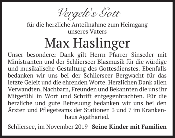 Traueranzeige von Max Haslinger von merkurtz