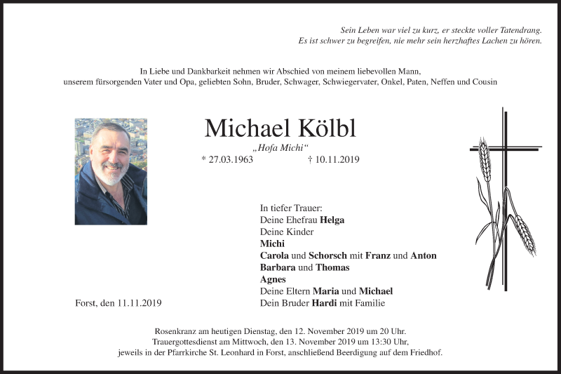  Traueranzeige für Michael Kölbl vom 12.11.2019 aus merkurtz