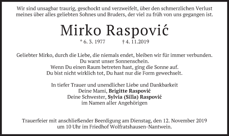  Traueranzeige für Mirko Raspovic vom 07.11.2019 aus merkurtz