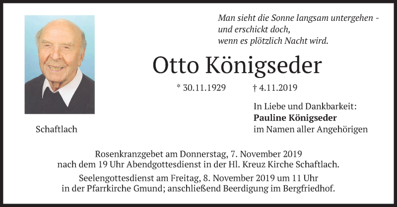  Traueranzeige für Otto Königseder vom 06.11.2019 aus merkurtz