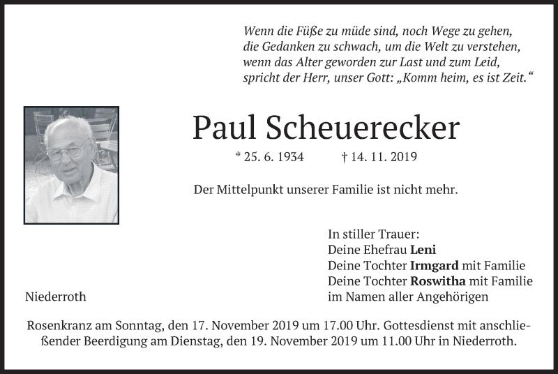  Traueranzeige für Paul Scheuerecker vom 16.11.2019 aus merkurtz