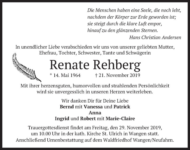  Traueranzeige für Renate  Rehberg vom 26.11.2019 aus merkurtz