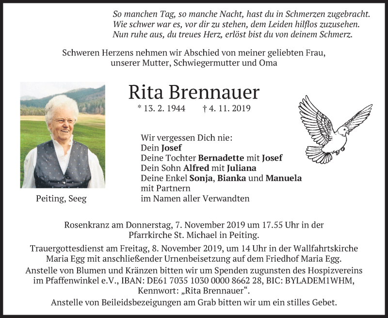  Traueranzeige für Rita Brennauer vom 06.11.2019 aus merkurtz