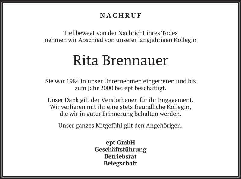  Traueranzeige für Rita Brennauer vom 09.11.2019 aus merkurtz