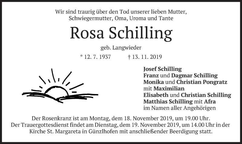  Traueranzeige für Rosa Schilling vom 16.11.2019 aus merkurtz