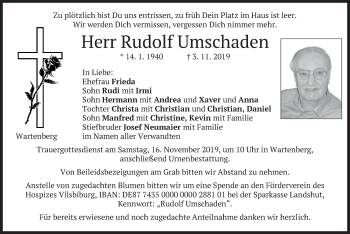 Traueranzeige von Rudolf  Umschaden von merkurtz