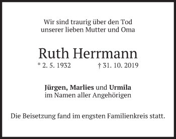 Traueranzeige von Ruth Herrmann von merkurtz