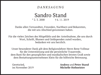 Traueranzeige von Sandro Stand von merkurtz