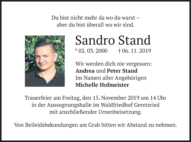  Traueranzeige für Sandro Stand vom 12.11.2019 aus merkurtz