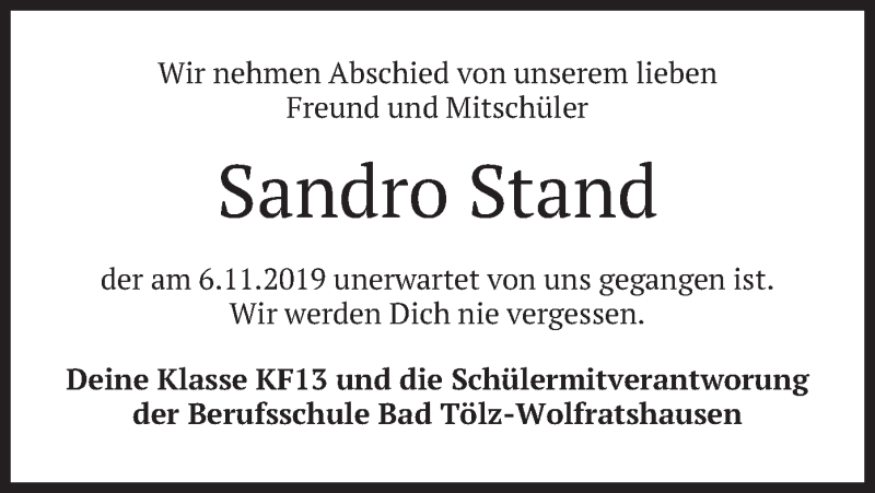  Traueranzeige für Sandro Stand vom 14.11.2019 aus merkurtz