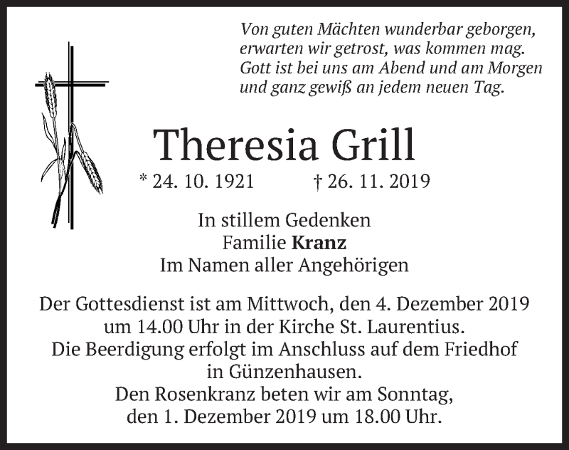  Traueranzeige für Theresia Grill vom 30.11.2019 aus merkurtz