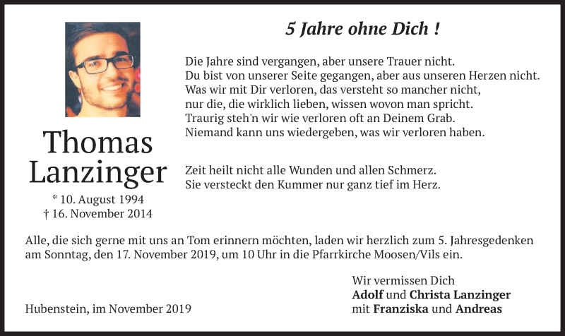  Traueranzeige für Thomas Lanzinger vom 16.11.2019 aus merkurtz