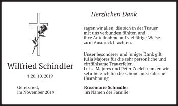 Traueranzeige von Wilfried Schindler von merkurtz