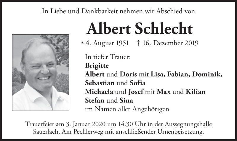  Traueranzeige für Albert Schlecht vom 28.12.2019 aus merkurtz