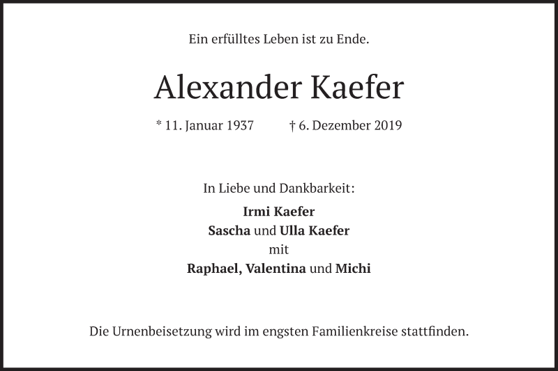  Traueranzeige für Alexander Kaefer vom 07.12.2019 aus merkurtz
