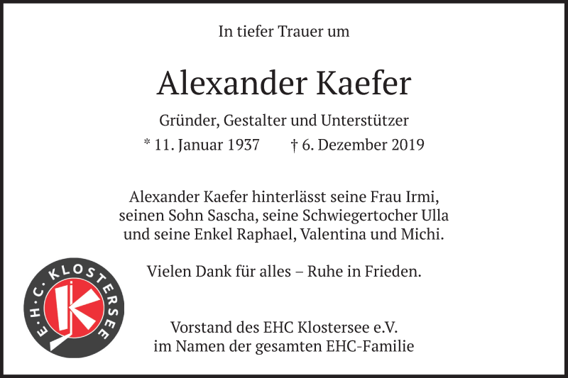  Traueranzeige für Alexander Kaefer vom 11.12.2019 aus merkurtz