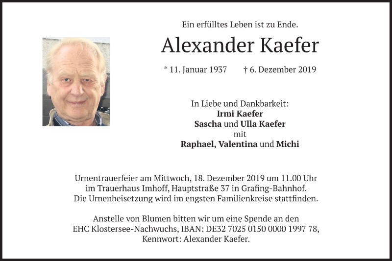  Traueranzeige für Alexander Kaefer vom 13.12.2019 aus merkurtz