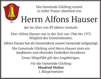 Traueranzeige von Alfons Hauser