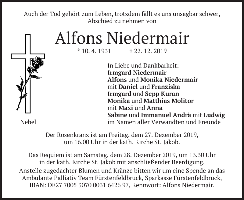 Traueranzeige für Alfons Niedermair vom 24.12.2019 aus merkurtz