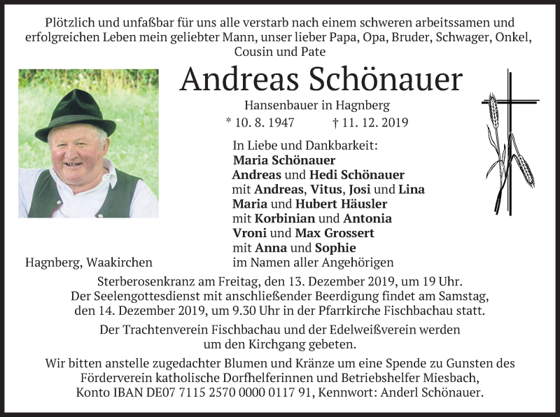  Traueranzeige für Andreas Schönauer vom 12.12.2019 aus merkurtz