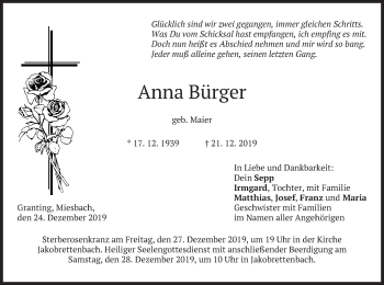 Traueranzeige von Anna Bürger von merkurtz