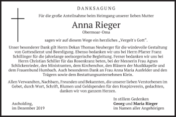Traueranzeige von Anna  Rieger von merkurtz