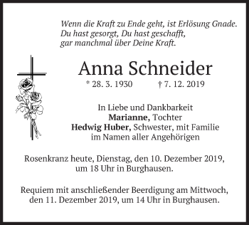 Traueranzeige von Anna  Schneider von merkurtz