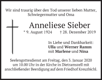 Traueranzeige von Anneliese Sieber von merkurtz