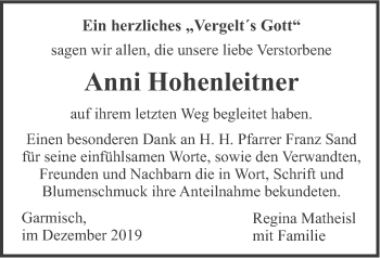 Traueranzeige von Anni Hohenleitner von merkurtz