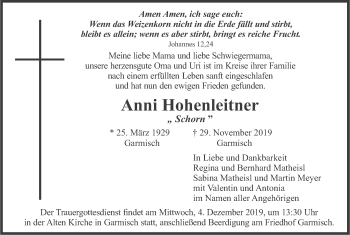 Traueranzeige von Anni Hohenleitner von merkurtz