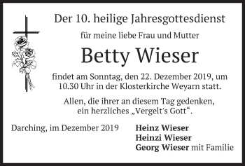 Traueranzeige von Betty Wieser von merkurtz