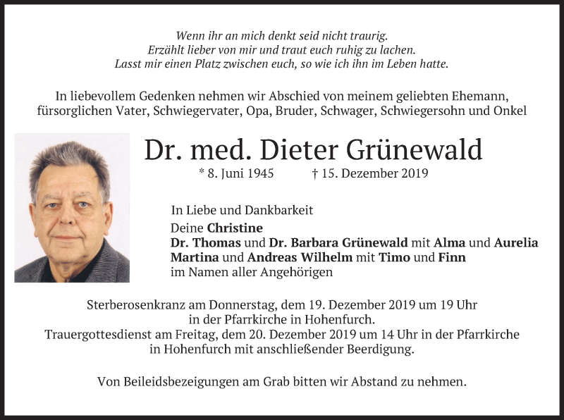  Traueranzeige für Dieter Grünewald vom 18.12.2019 aus merkurtz
