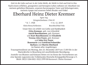 Traueranzeige von Eberhard Heinz Dieter Kremser von merkurtz