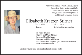 Traueranzeige von Elisabeth Kratzer-Stirner von merkurtz