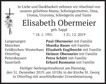 Traueranzeige von Elisabeth Obermeier von merkurtz