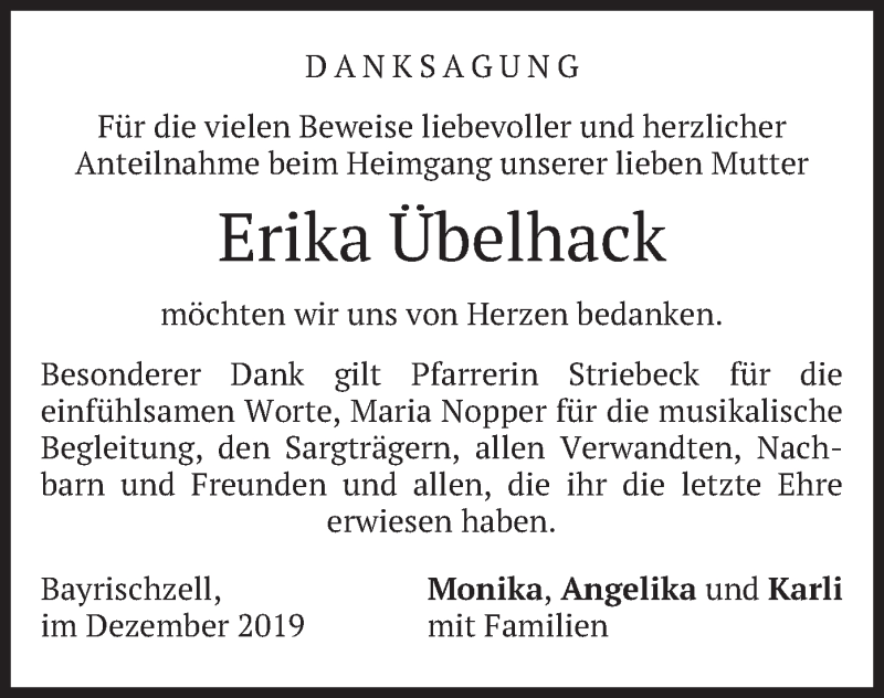 Traueranzeige für Erika Übelhack vom 21.12.2019 aus merkurtz