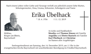 Traueranzeige von Erika Übelhack von merkurtz