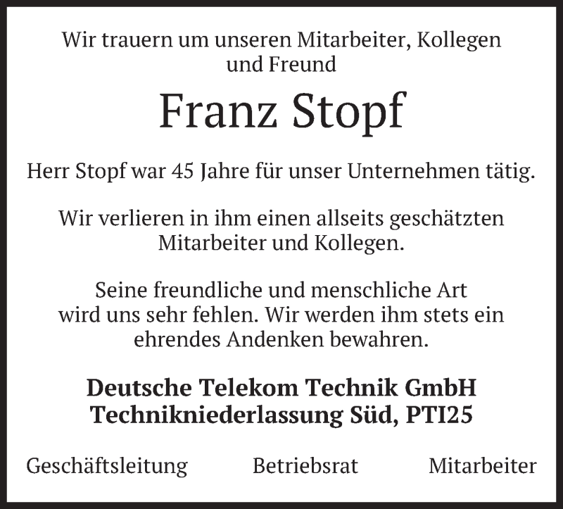  Traueranzeige für Franz Stopf vom 10.12.2019 aus merkurtz
