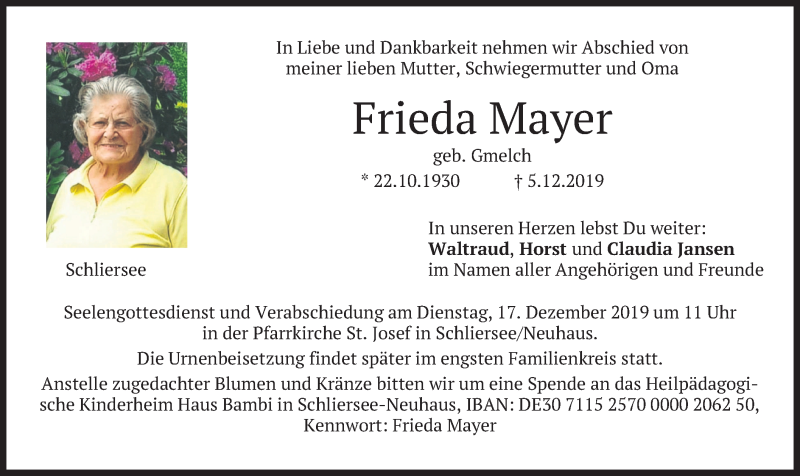  Traueranzeige für Frieda Mayer vom 14.12.2019 aus merkurtz