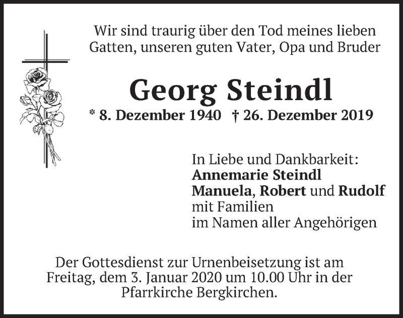  Traueranzeige für Georg Steindl vom 28.12.2019 aus merkurtz