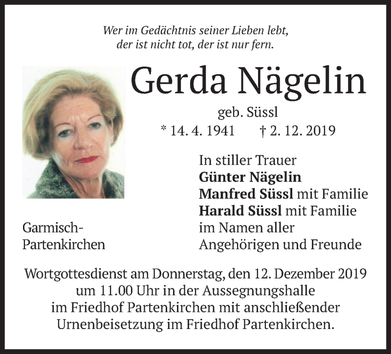  Traueranzeige für Gerda Nägelin vom 10.12.2019 aus merkurtz
