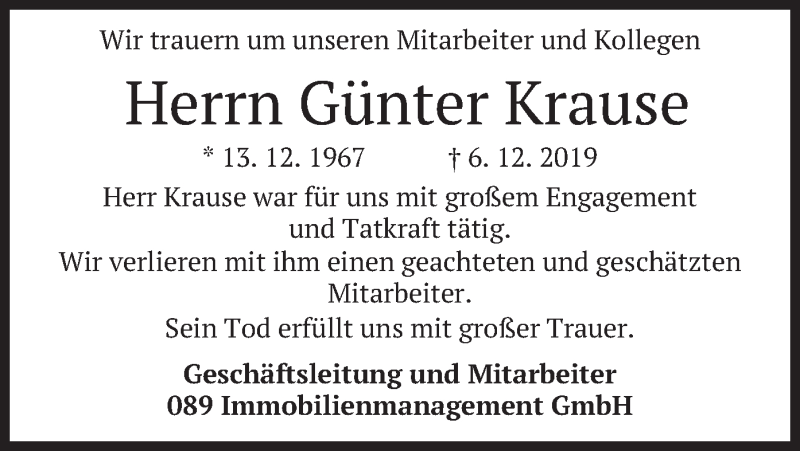  Traueranzeige für Günter Krause vom 14.12.2019 aus merkurtz