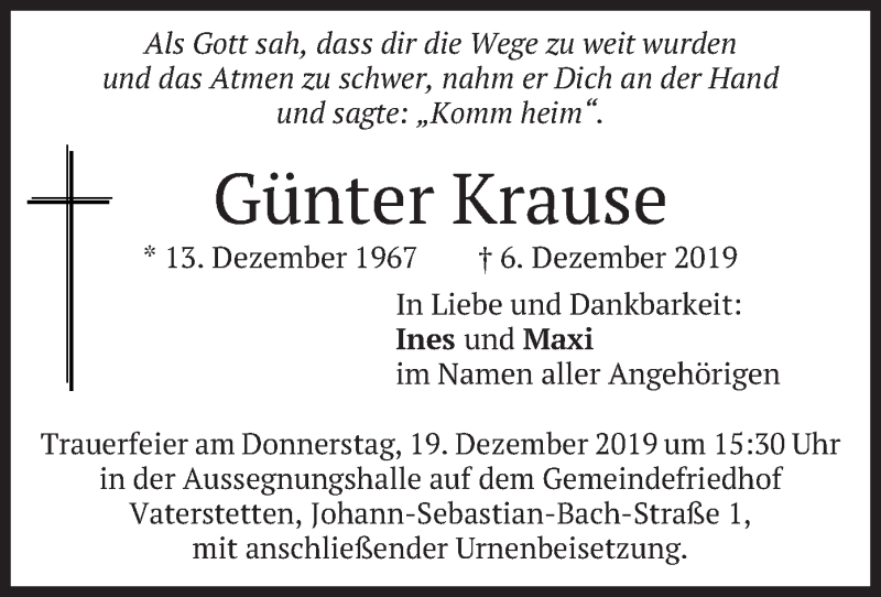  Traueranzeige für Günter Krause vom 14.12.2019 aus merkurtz