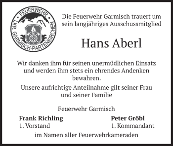 Traueranzeige von Hans Aberl von merkurtz