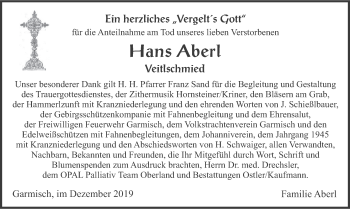 Traueranzeige von Hans Aberl von merkurtz