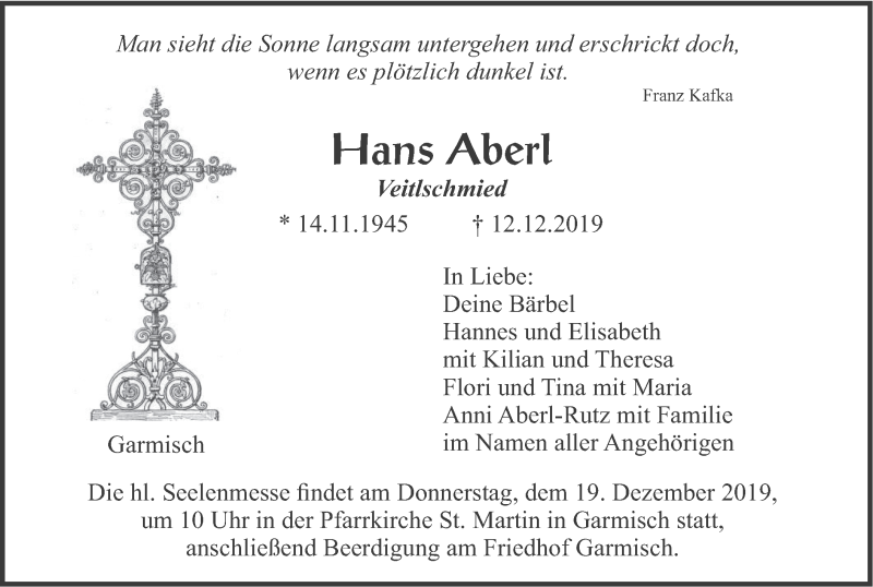  Traueranzeige für Hans Aberl vom 16.12.2019 aus merkurtz