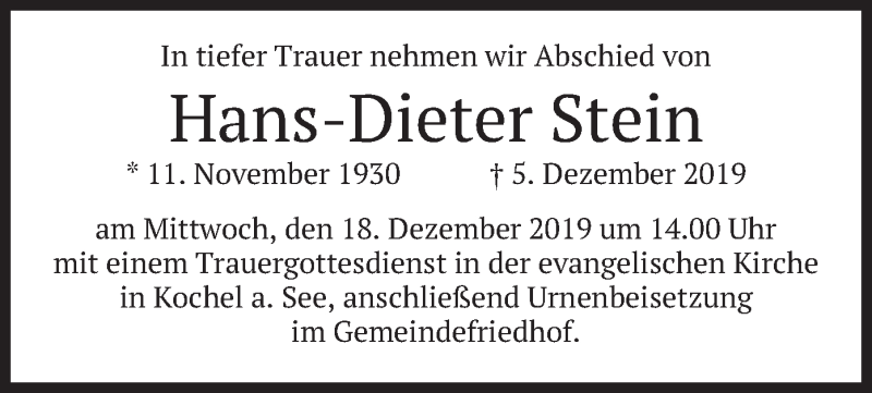  Traueranzeige für Hans-Dieter Stein vom 14.12.2019 aus merkurtz