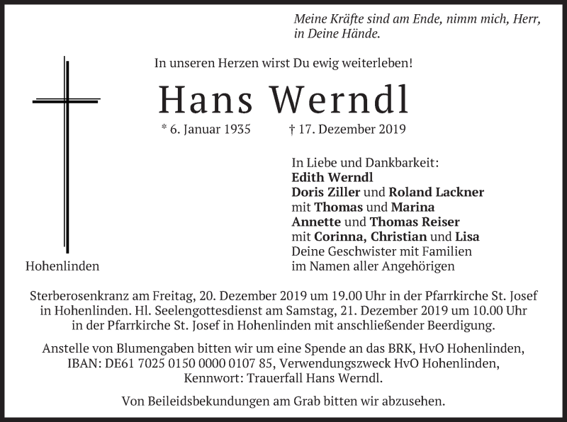  Traueranzeige für Hans Werndl vom 19.12.2019 aus merkurtz