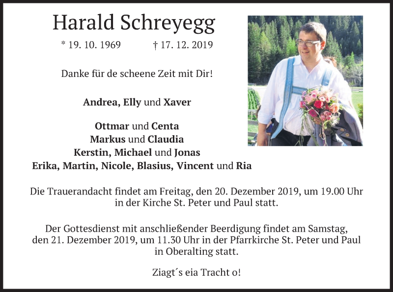  Traueranzeige für Harald  Schreyegg vom 19.12.2019 aus merkurtz
